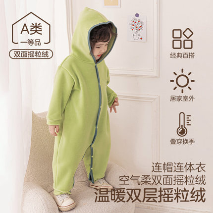 新生儿冬季加绒连帽保暖连体睡衣加厚外穿罩衣家居服宝宝棉服哈衣