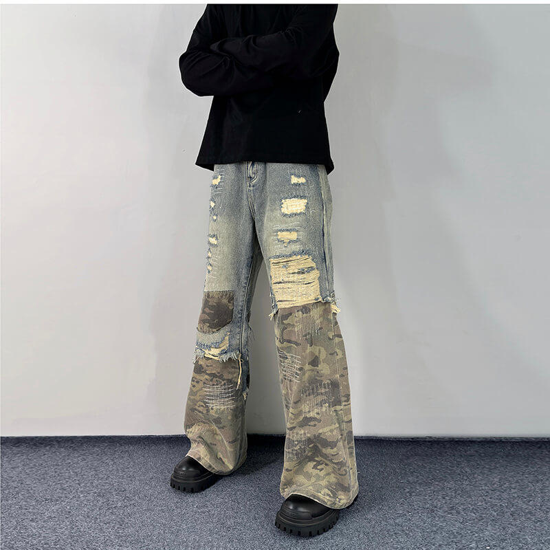水洗四季迷彩拼接破坏牛仔裤