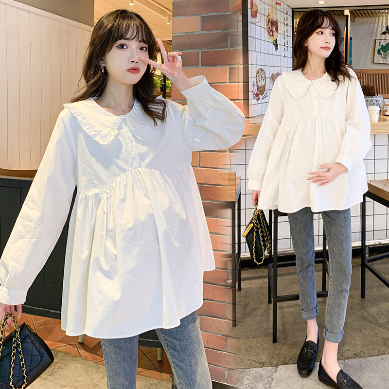 출산 셔츠 봄 대형 긴팔 인형 칼라 흰색 탑 바지 느슨한 투피스 전문 셔츠