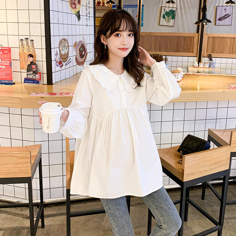 출산 셔츠 봄 대형 긴팔 인형 칼라 흰색 탑 바지 느슨한 투피스 전문 셔츠