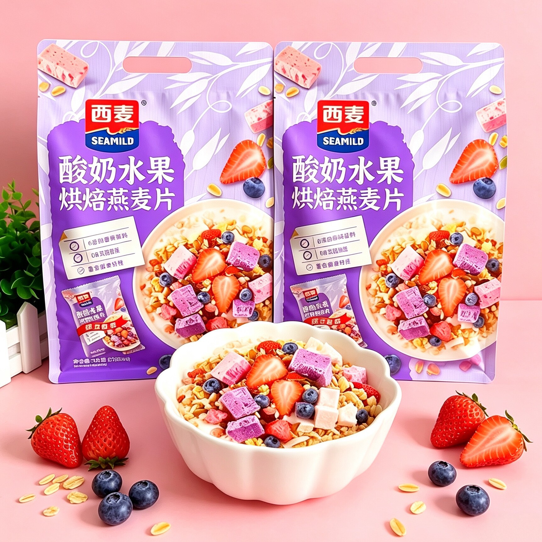 西麦酸奶水果烘培燕麦片350g袋装干吃即食营养早餐水果代餐非油炸