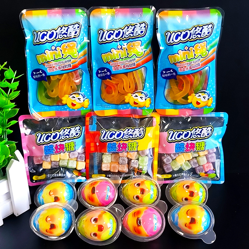 悠酷酸块糖mini绳水果味混合糖长条橡皮糖酸甜儿童休闲小零食散装