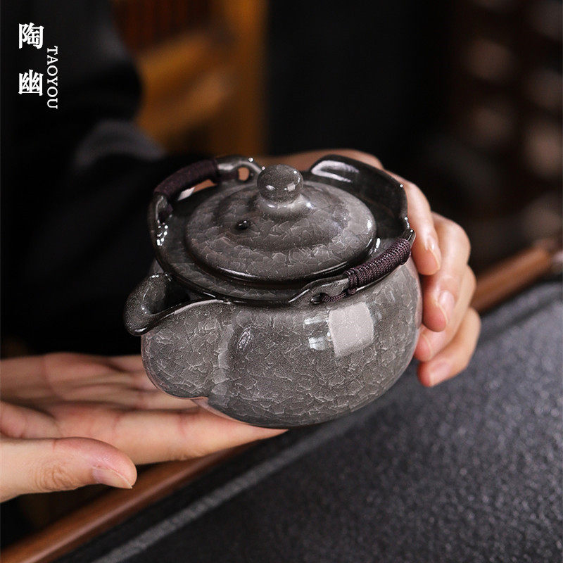 黑冰花茶壶开 片陶瓷单个壶冰裂纹手工功夫茶具套组喝茶泡茶手抓