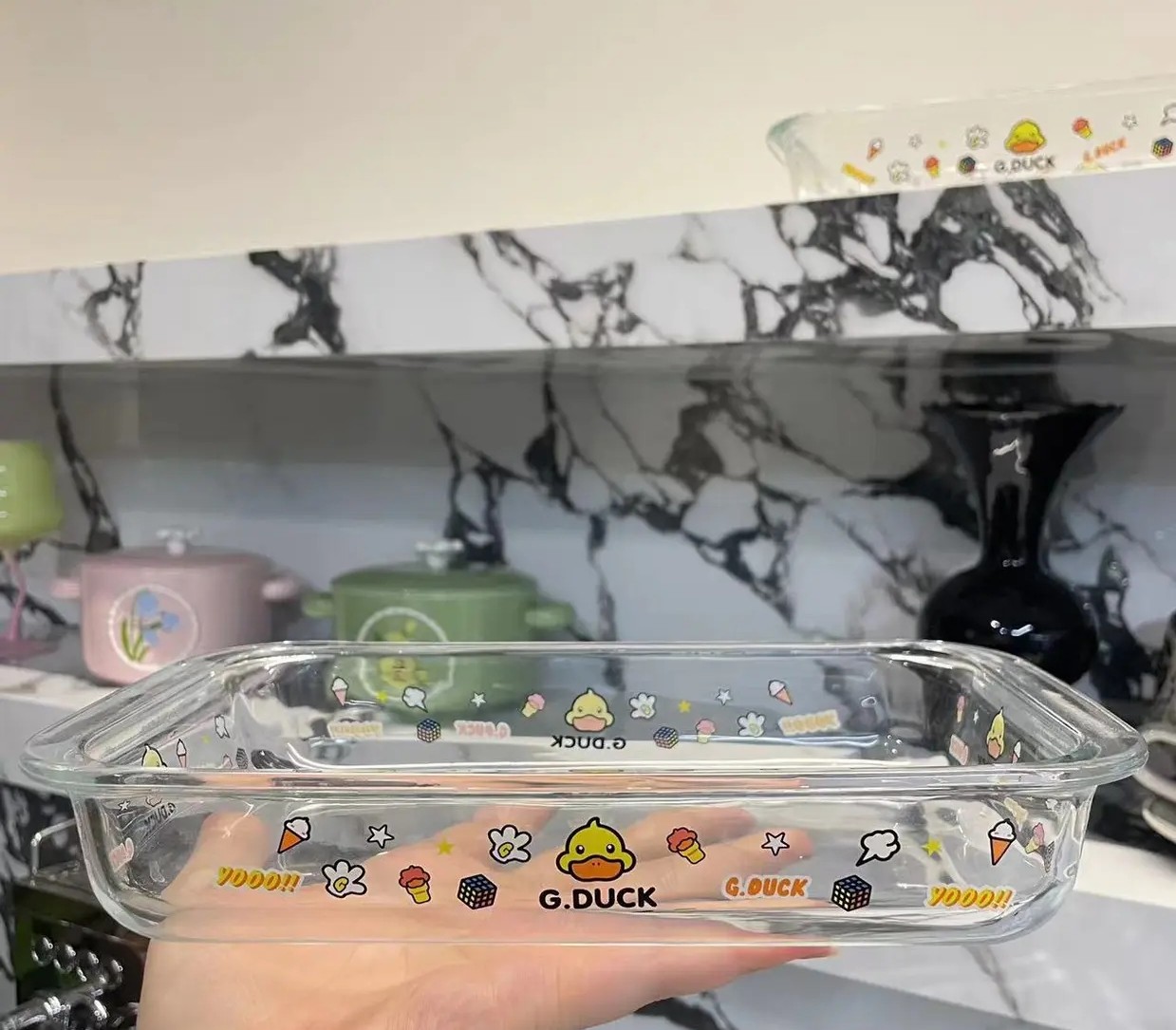 联名款可爱贴花透明玻璃双耳耐热家用烤盘1L大容量深盘,餐饮具,盘,淘宝优惠券,粉丝福利购,淘宝优惠卷