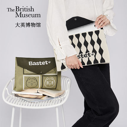 大英博物馆巴斯特系列时尚便携萌猫提花笔记本电脑包大容量手拿包