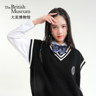 大英博物馆安德森猫学院风叠穿落肩宽松针织提花V领毛衣背心女生