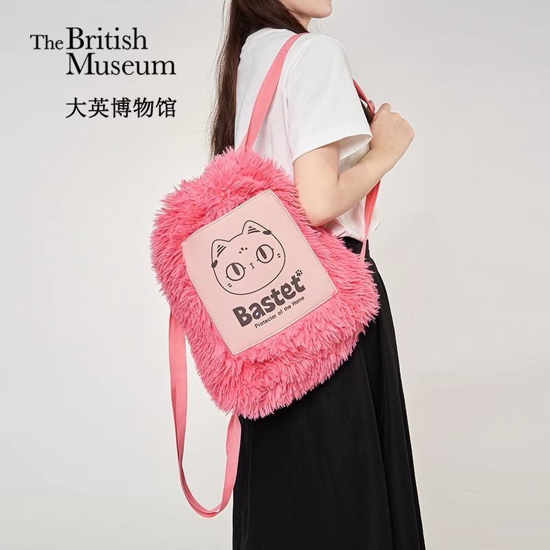大英博物馆安德森猫秋冬长毛绒两用抽绳女士双肩包单肩包