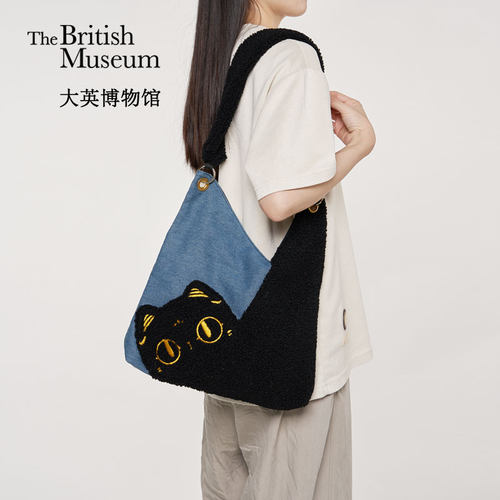 单肩包毛绒猫咪包牛仔拼接