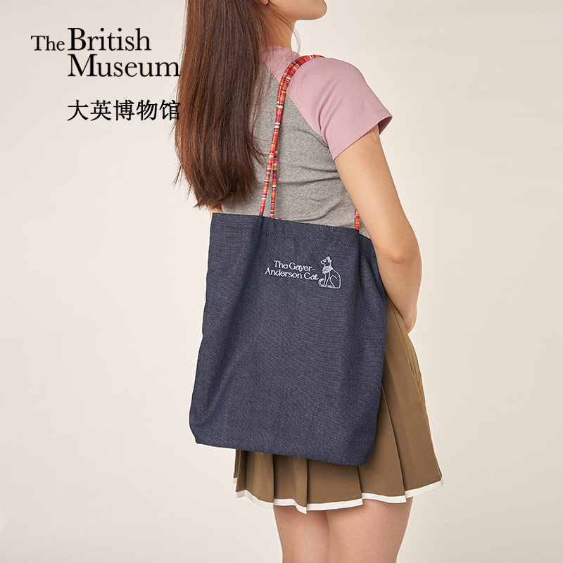 大英博物馆安德森猫系列正反两用刺绣牛仔单肩包女包轻便帆布包