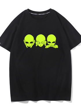 荧光绿绿色外星人表情包夏季纯棉圆领短袖T恤打底衫纯棉半袖