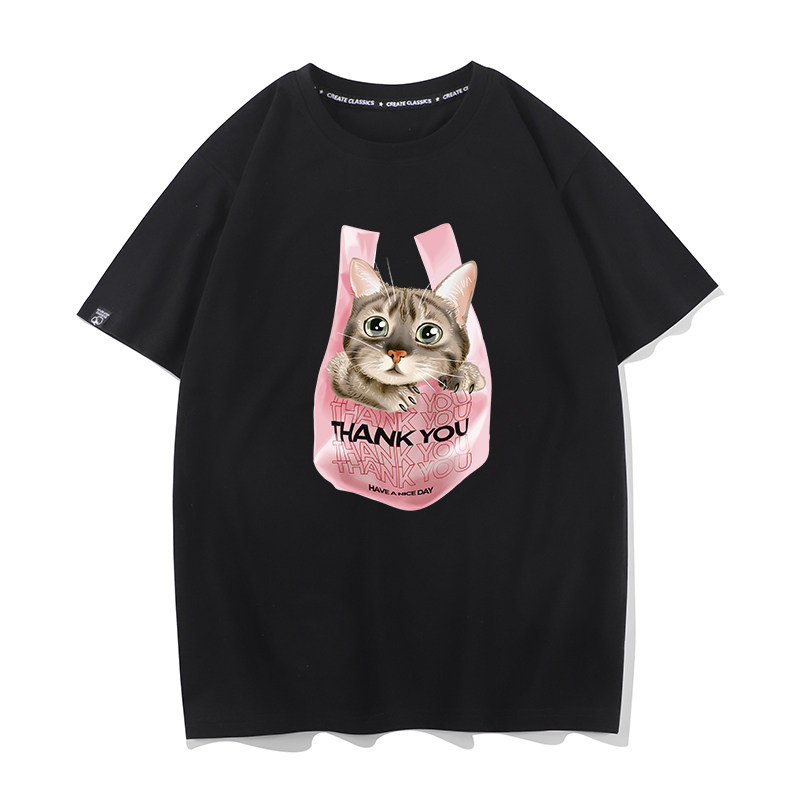 thankyou 3d小猫图案t恤短袖宽松纯棉圆领夏季情侣装打底衫