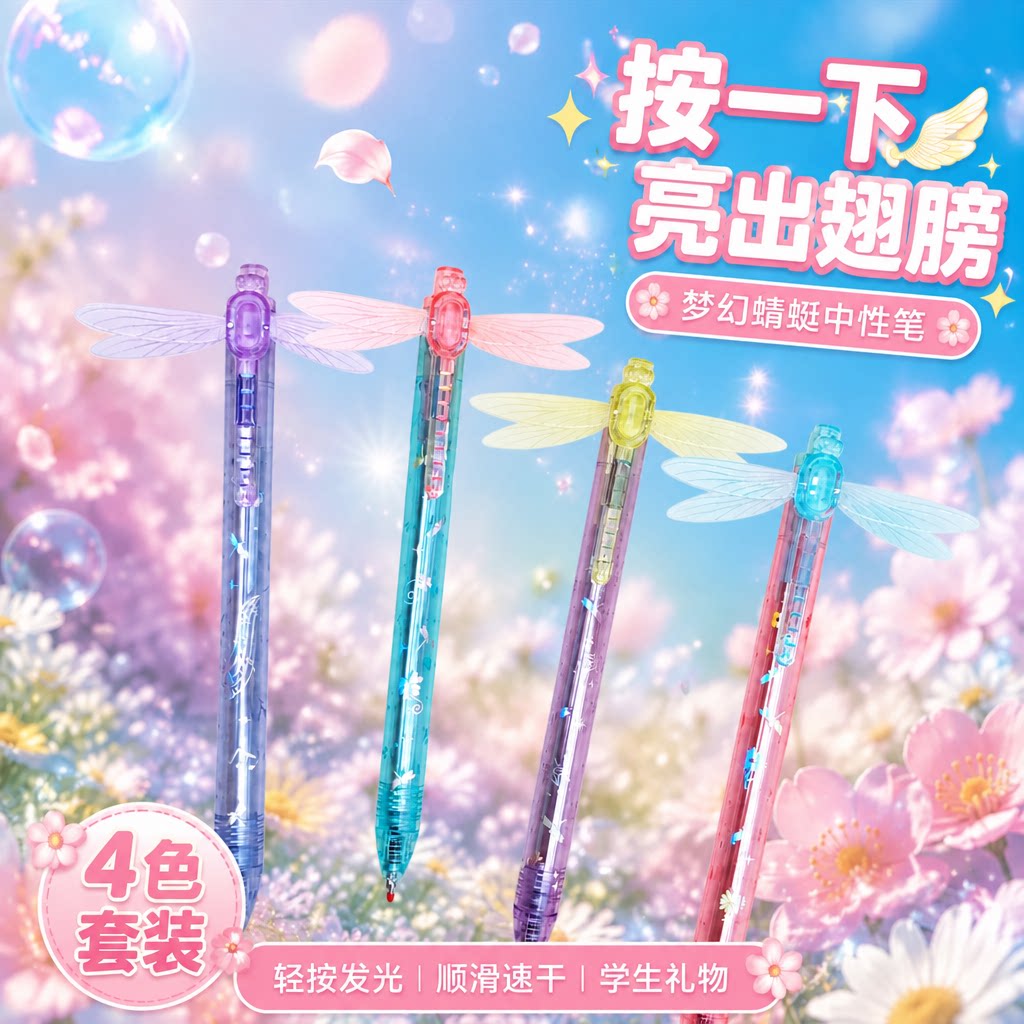 蜻蜓振翅流光按动中性笔高颜值顺滑速干学生刷题考试专用按动笔