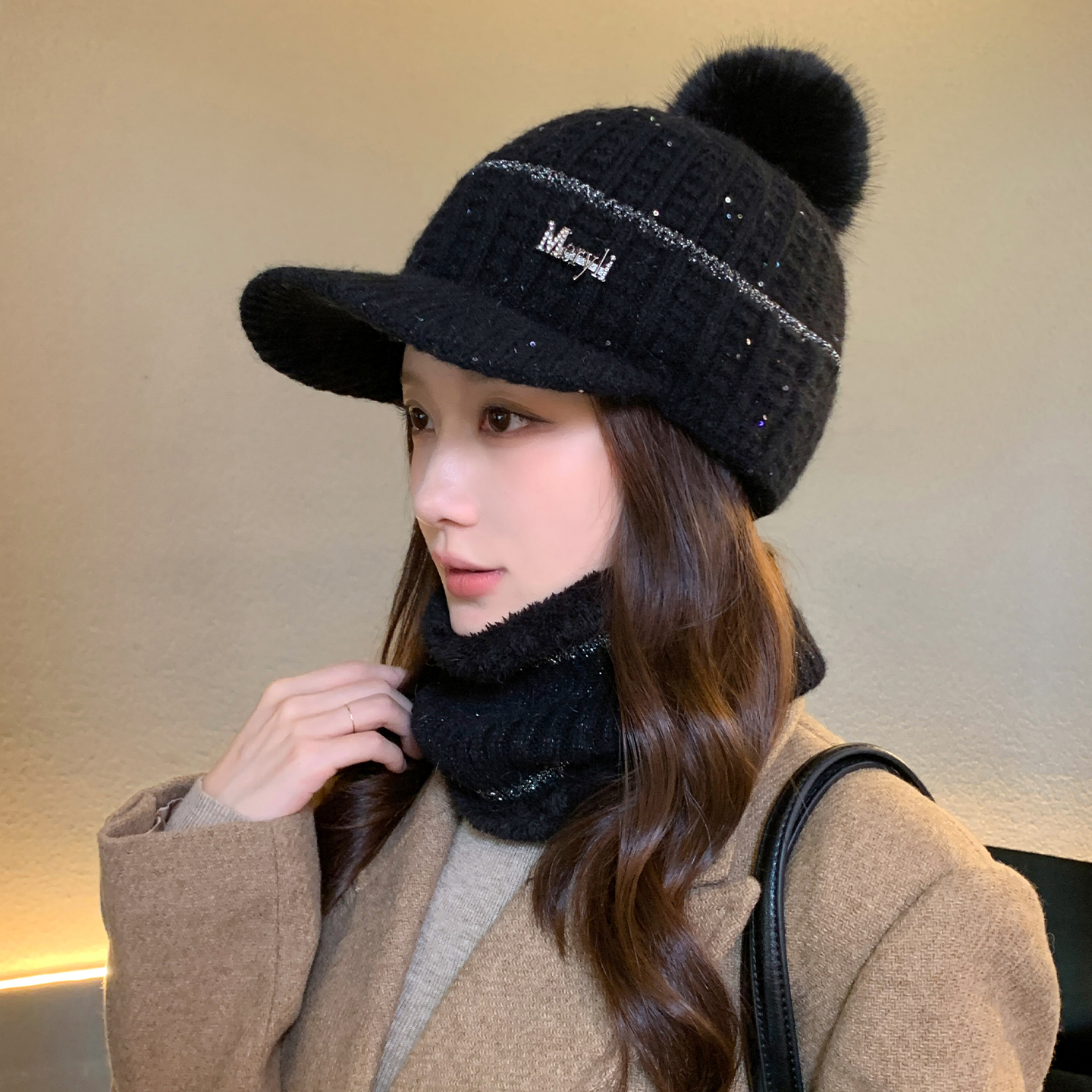 秋冬加绒保暖针织毛线帽围脖套帽