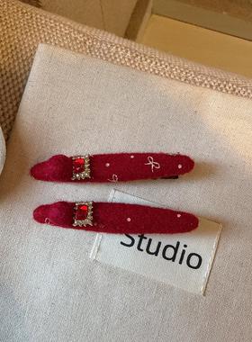 新年红色发饰方钻蝴蝶结刘海夹鸭嘴夹韩系秋冬新款毛线球球侧边夹