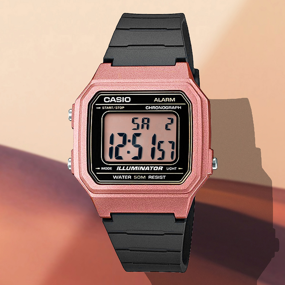 卡西欧手表CASIO W-217HM-5A潮流户外运动电子表复古玫瑰金小方表