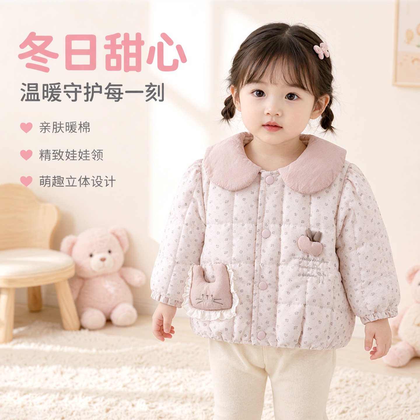 女童棉服外套冬季新款娃娃领卡通碎花棉衣洋气可爱女宝宝外出服