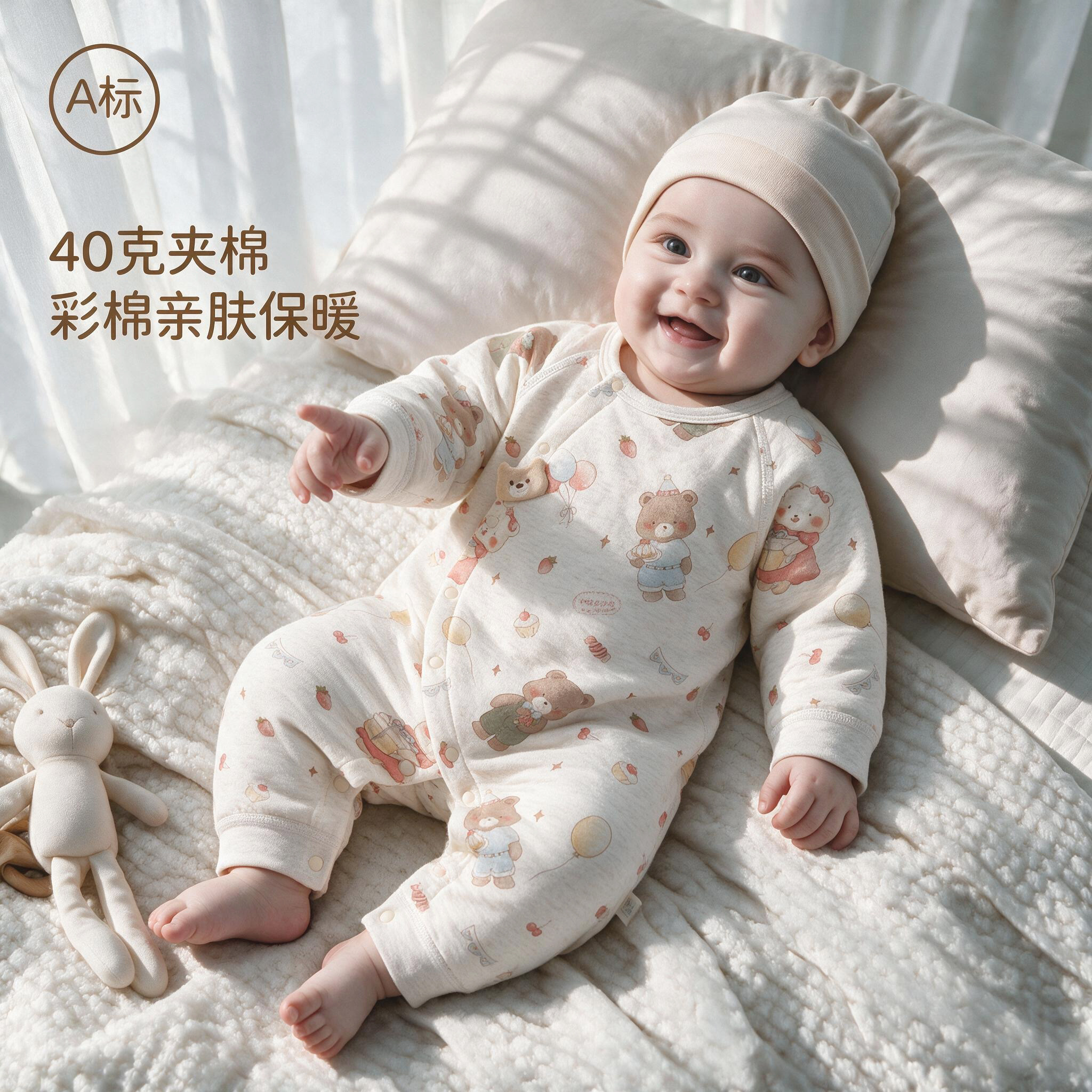 初生婴儿夹棉连体衣秋冬季爬服A类护肚40克彩棉哈衣男女宝宝衣服
