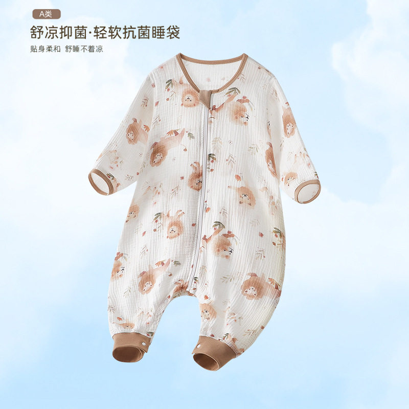 婴儿纱布睡袋春夏季通用薄款连体睡衣纯棉宝宝分腿睡衣儿童防踢被