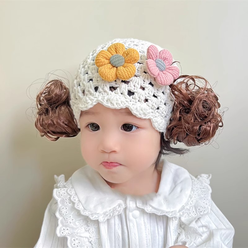 宝宝帽子春秋婴儿假发帽韩版花朵公主帽可爱冬超萌婴儿棉线帽纯棉