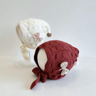 小尾巴蝴蝶结婴儿风斗针织护耳帽宝宝公主毛球韩版保暖防风毛线帽