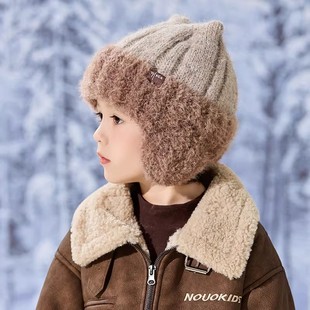 儿童毛线帽子男童2025新款双角护耳帽加厚绒保暖秋冬季宝宝针织帽