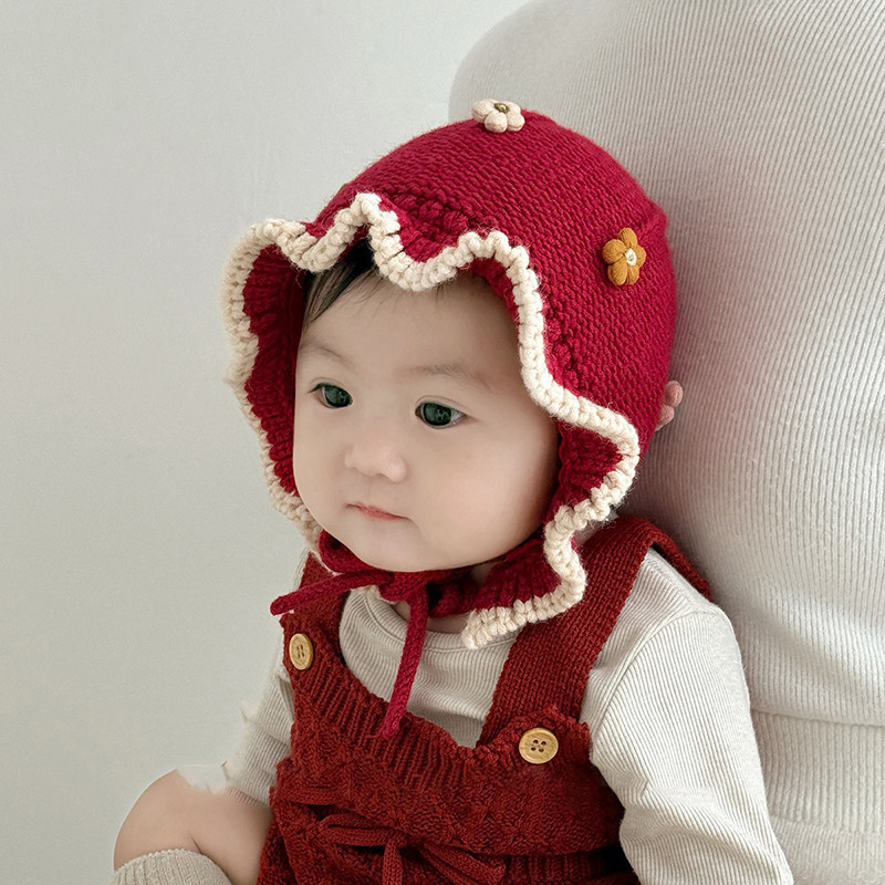 婴儿帽子女秋冬季加厚甜美花边公主毛线帽户外保暖宝宝护耳针织帽