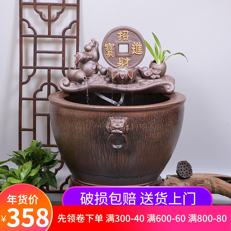 景德镇陶瓷流水鱼缸锦鲤金鱼缸荷花缸庭院大缸落地摆件招财狮耳缸