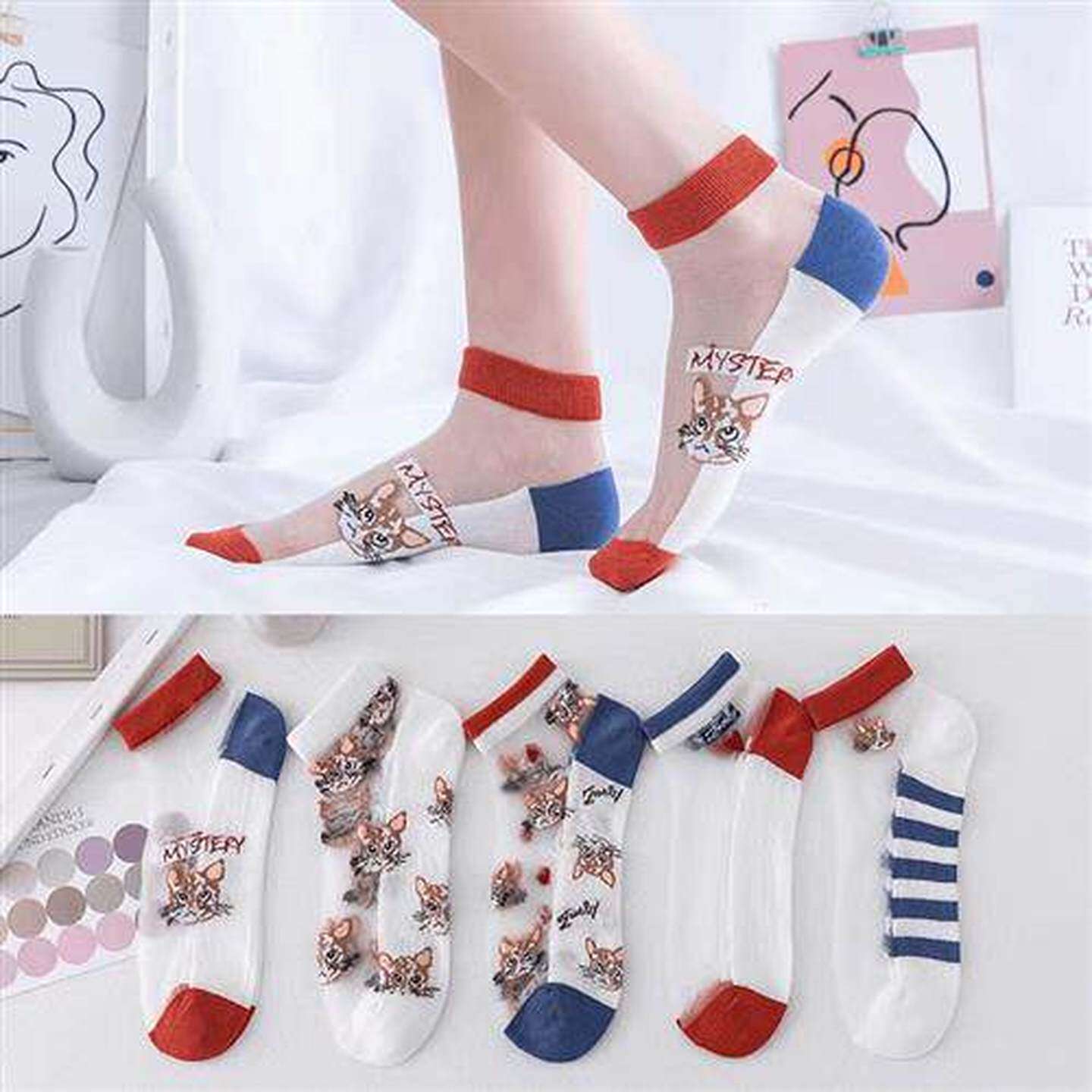 10双19.9春夏女士猫头卡通玻璃丝短筒透明拼接透气丝袜夏季不闷