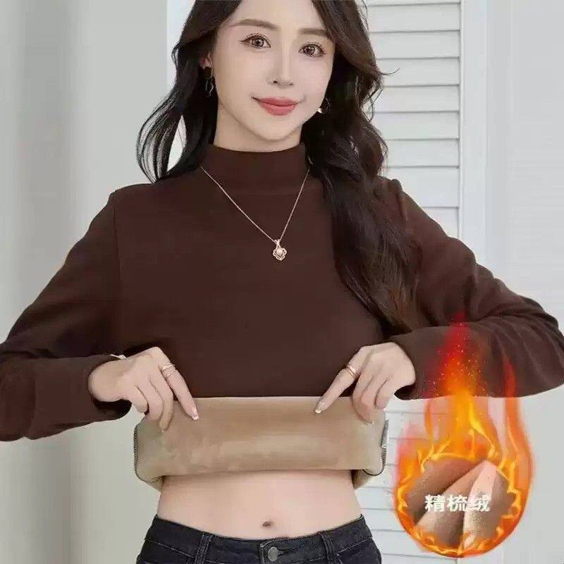 新款加绒加厚女打底衫秋冬季中高领外穿修身长袖上衣保暖百搭T恤