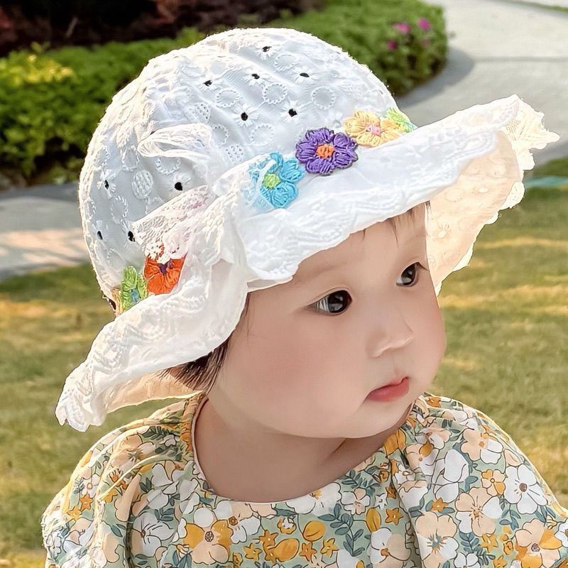 婴儿帽子遮阳帽春夏彩色花朵女宝宝蕾丝花边帽夏季外出渔夫帽