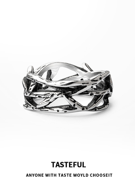 黑色荆棘花戒指男潮ins小众原创设计嘻哈女夏时尚个性食指女指环