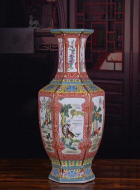 仿古乾隆陶瓷十二生肖珐琅彩八仙过海六方瓶大清瓷器古玩收藏摆件