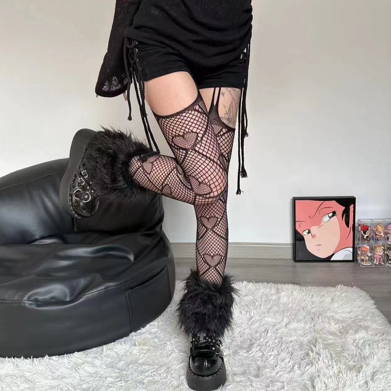 网红甜酷辣妹纯欲吊带袜镂空渔网袜性感黑丝美腿显瘦御姐风高筒袜