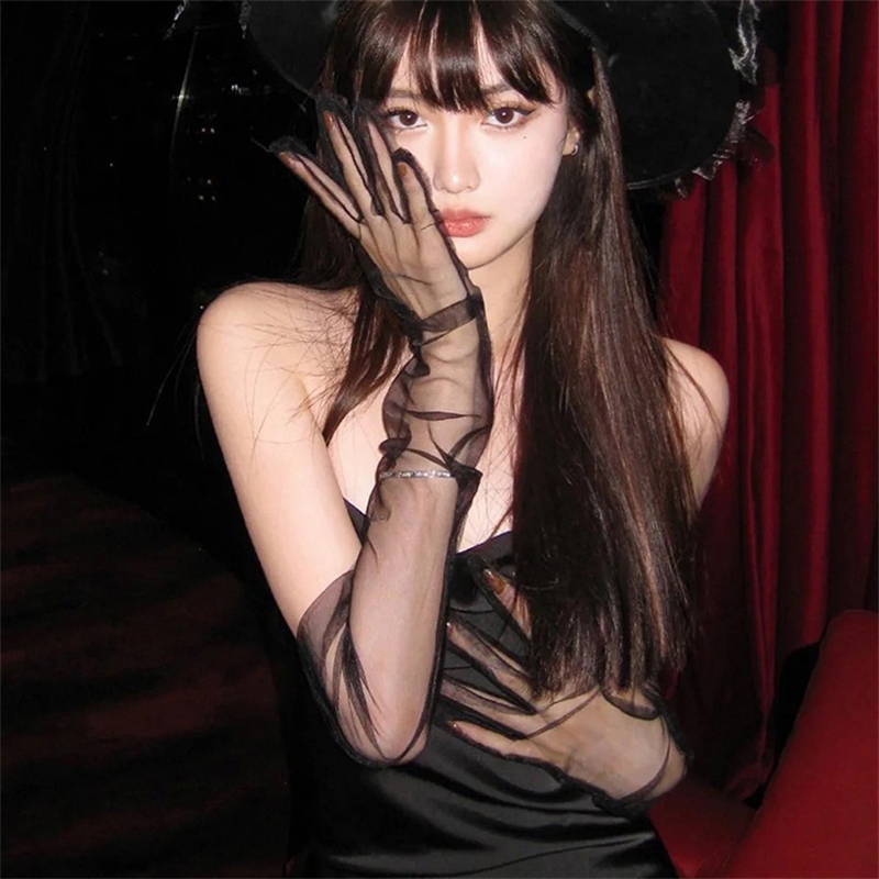 夏网红纯欲黑丝手套cos制服性感红色新娘婚纱蕾丝宽松薄纱袖套女