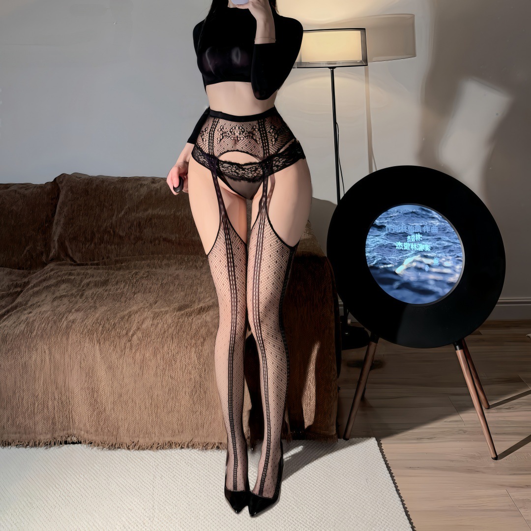 2025秋冬欧美性感吊带丝袜女纯欲风蕾丝一体吊带袜镂空网袜高筒袜