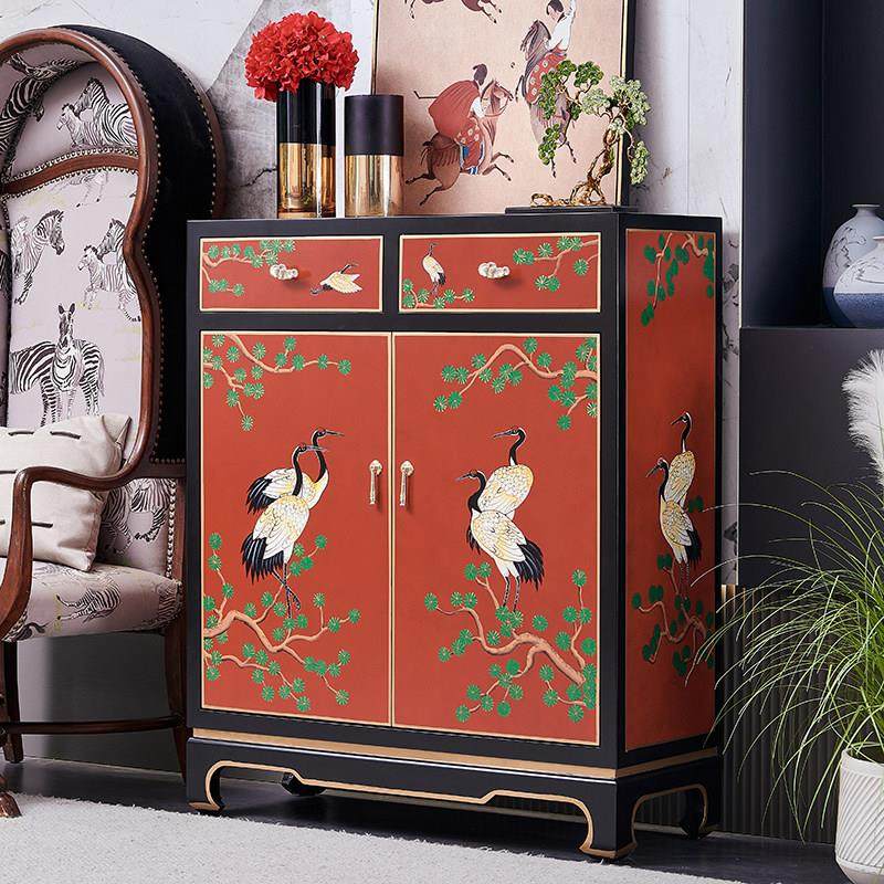 2024年新款门口彩绘新中式实木玄关鞋柜一体中国风红色装饰储物柜,住宅家具,鞋柜,淘宝优惠券,粉丝福利购,淘宝优惠卷