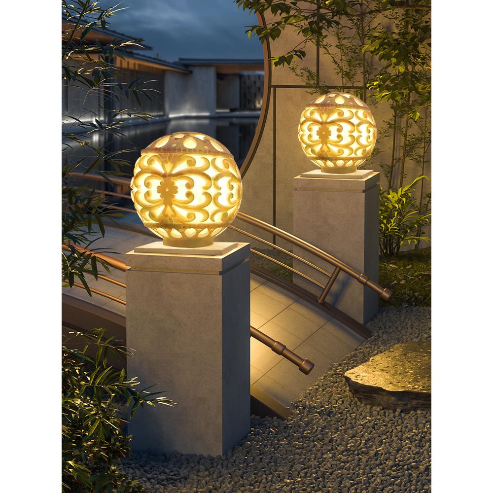 太阳能柱头灯户外防水别墅大门门柱灯庭院雕刻圆球灯花园围墙灯