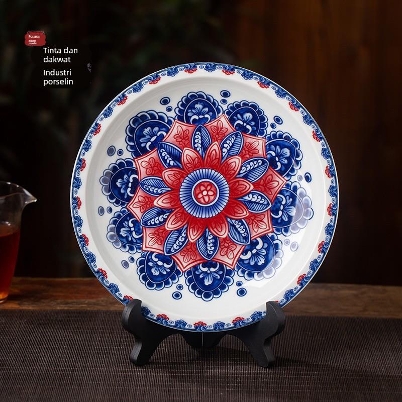 景德镇陶瓷彷古泥青花釉里红曼陀罗大壶承家用单个干泡台盖碗托盘