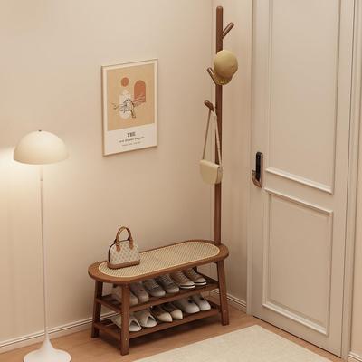 实木藤编换鞋凳挂衣架一体家用门口可坐鞋柜穿鞋凳子入户门衣帽架
