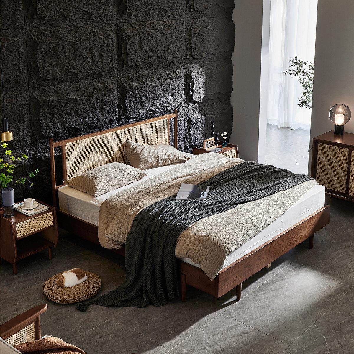 现代简约实木床家用新中式黑胡桃木色藤编床复古民宿双人床小户型