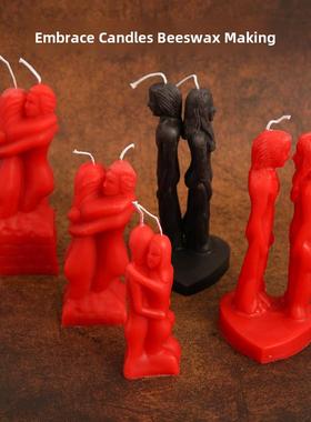 红色黑色面对面背靠背人形蜡烛红色男女拥抱蜡烛手工蜂蜡杆蜡柱蜡