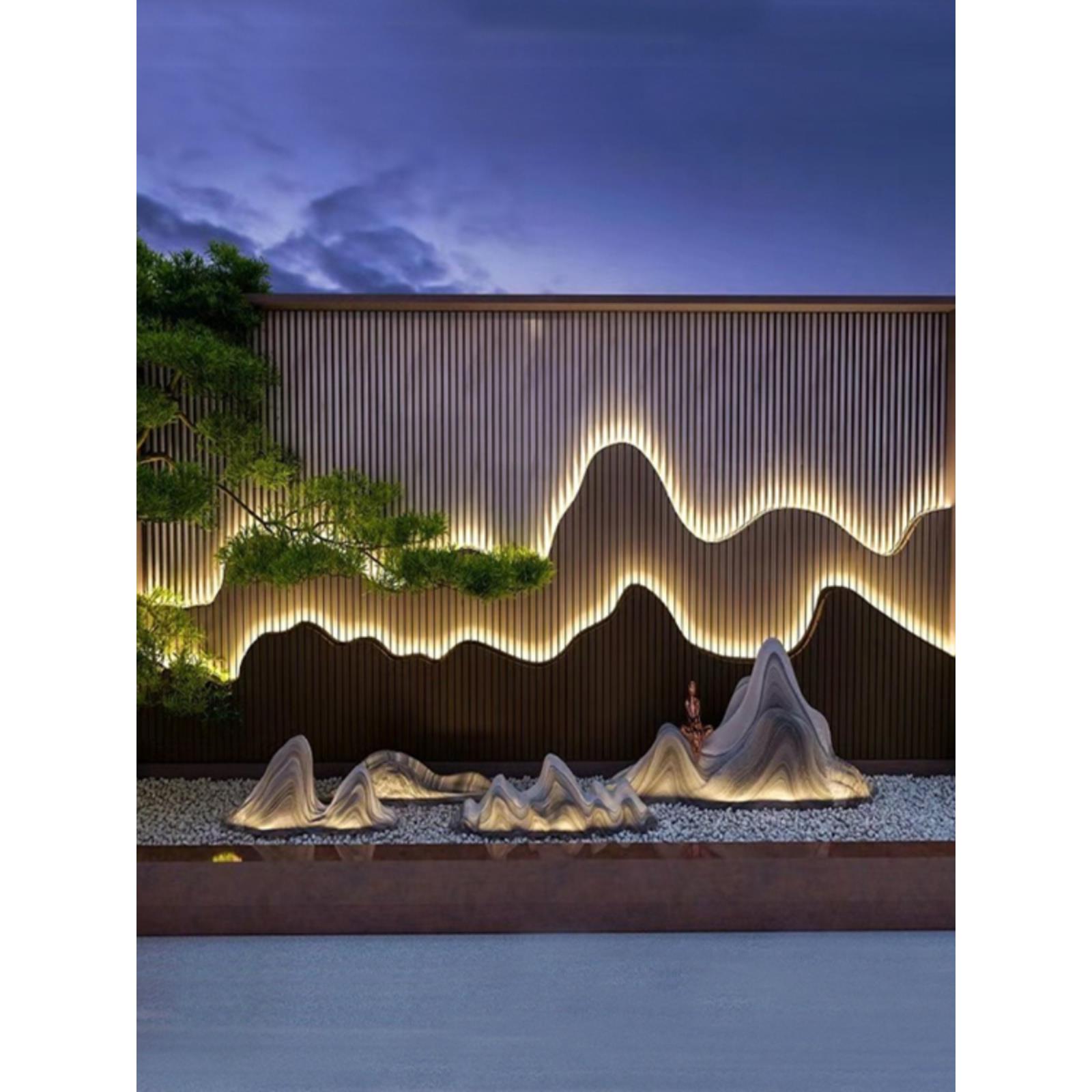 新中式山水画屏风定制款不锈钢假山隔断装饰售楼部酒店楼盘背景墙