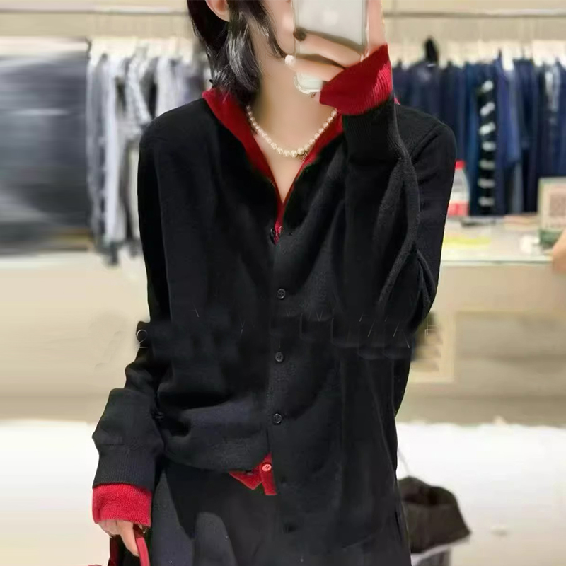 假两件纽扣连帽针织开衫薄款