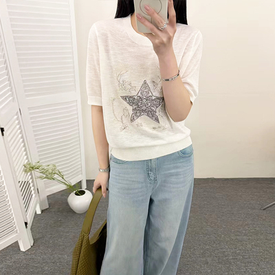 欧货复古圆领星星提花短袖上衣女
