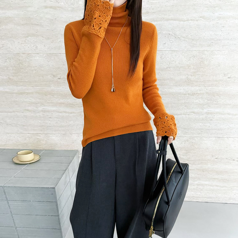 气质高领套头镂空提花显瘦上衣女