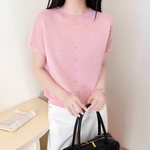 欧货2026新款糖果色蝙蝠短袖圆领横条纹薄款T恤衫针织衫上衣女