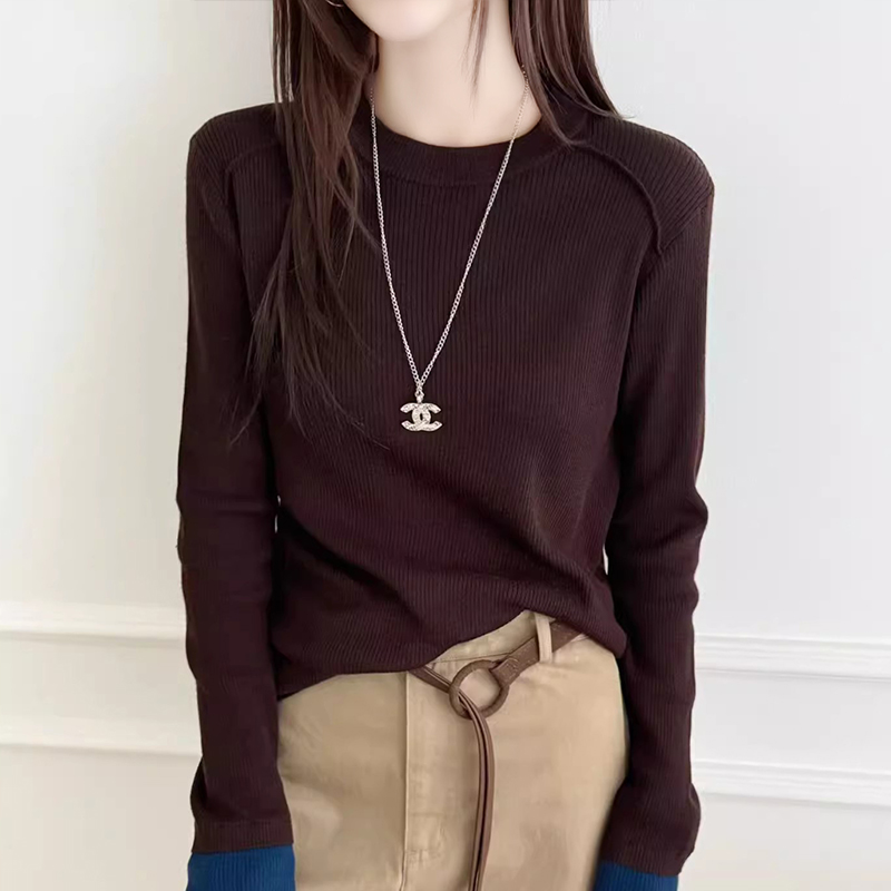 圆领撞色拼接假两件修身打底衫