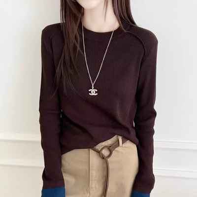 圆领撞色拼接假两件修身打底衫