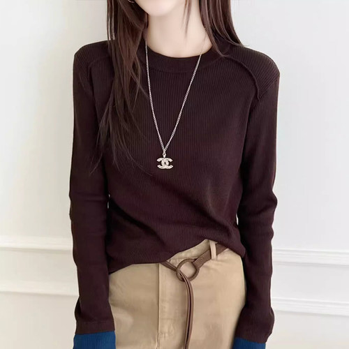 圆领撞色拼接假两件修身打底衫