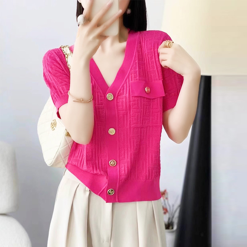 2026新款小香风V领短袖金属扣毛巾绣提花短款天丝针织衫女夏季